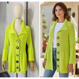 SOFT SURROUNDINGS Size M/L Lime Green Button Cable Knit CARDIGAN Sweater Cotton